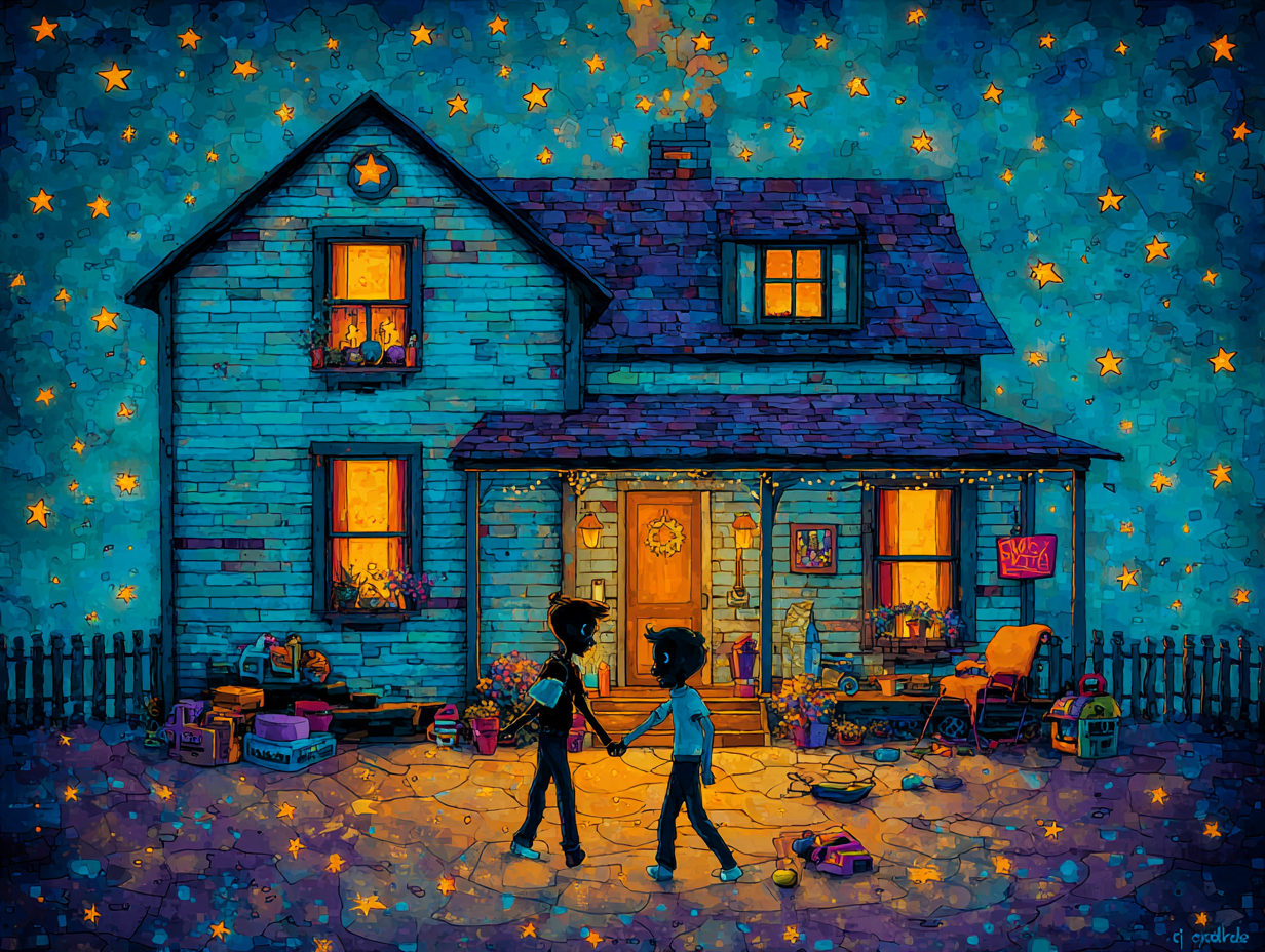 Whimsical illustration of children in front of a glowing home at night